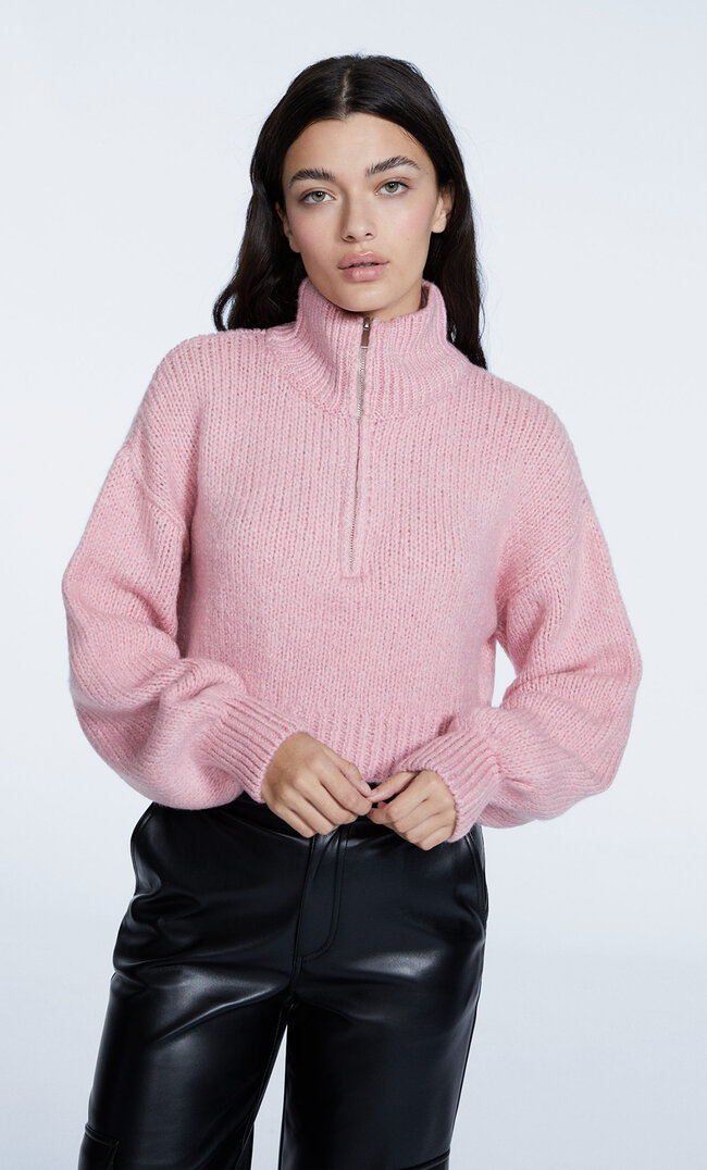 

Stradivarius Gefilzter Strickpullover Mit Reißverschluss Kaugummirosa Xl