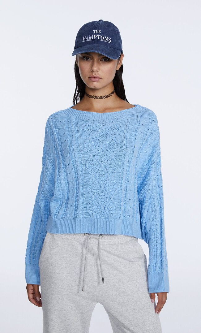 

Stradivarius Pull Court Tressé Bleu Ciel S