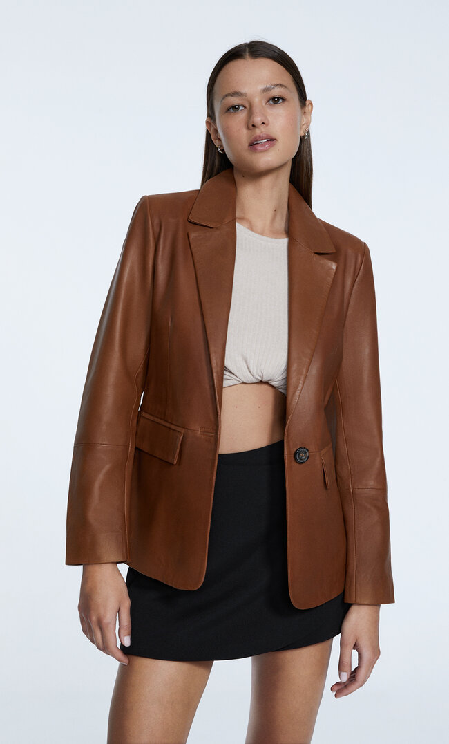 Stradivarius Blazer Aus Nappaleder Dunkles Camel Xl
