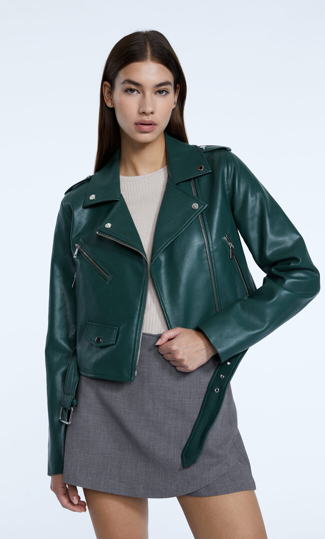 

Stradivarius Blouson Style Motard Effet Cuir Avec Ceinture Kaki M