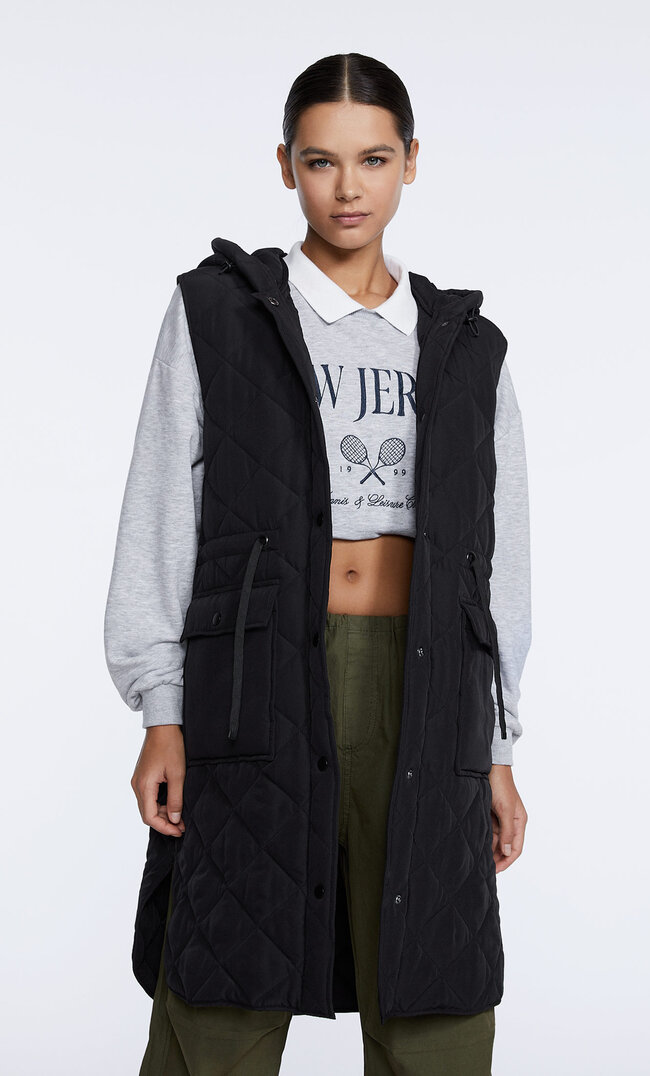Stradivarius Gilet Long Matelassé Sans Manches Noir Xl