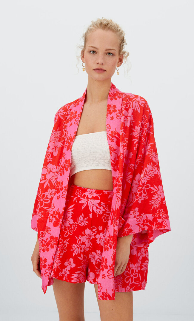 Stradivarius Kimono Imprimé Rose Fluo S