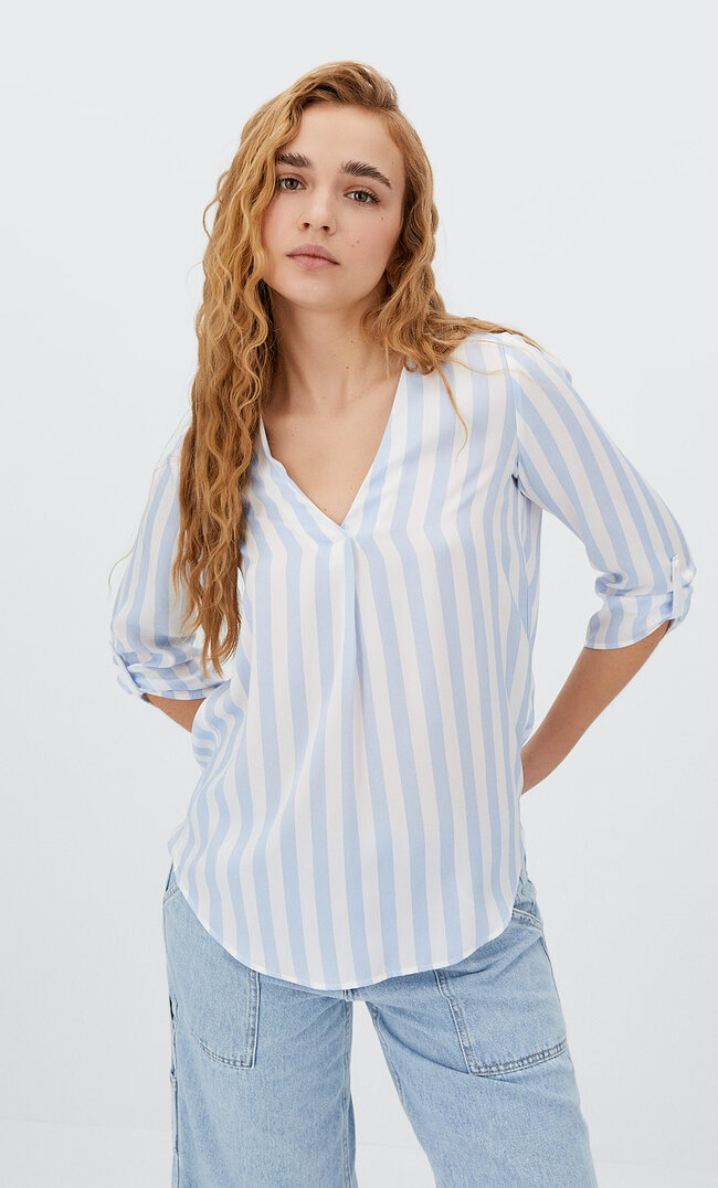 

Stradivarius Chemise Manches 3/4 À Rayures Bleu Ciel Xs