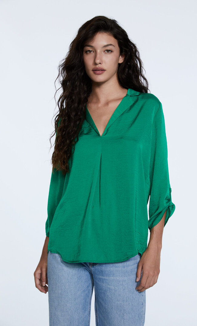 

Stradivarius Satinbluse Mit Reverskragen Grün Xs