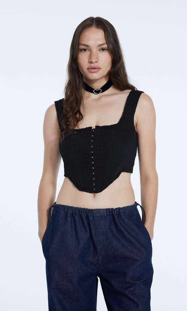 Stradivarius Top W Gorsetowym Stylu Czarny Xs