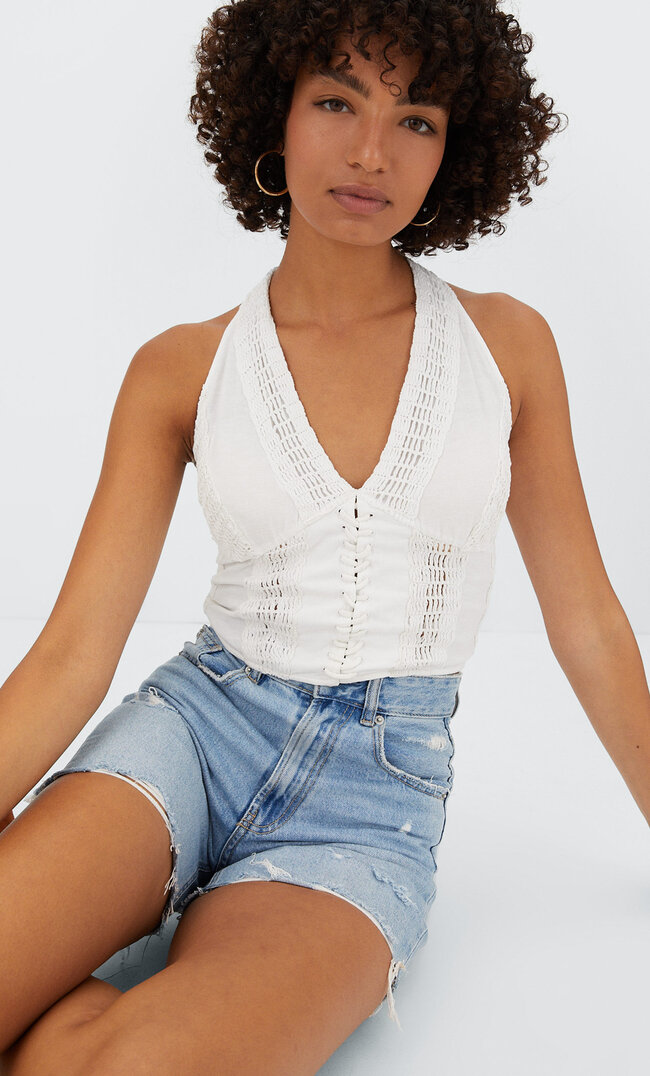 

Stradivarius Szydełkowy Top Z Dekoltem Halter Ecru Xl