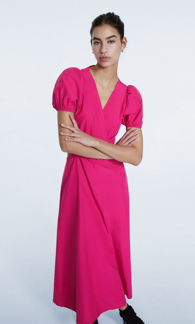 

Stradivarius Midikleid Aus Popelin Mit Cut-Outs Neonrosa Xl