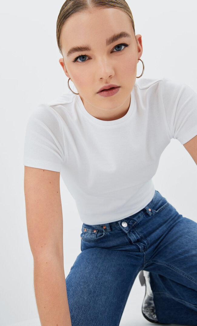 

Stradivarius Crop Top En Coton À Manches Courtes Blanc Xs