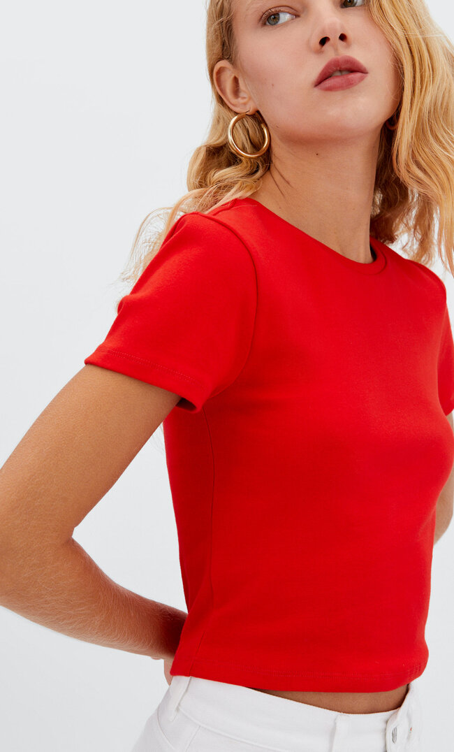 

Stradivarius Cropped T-Shirt Aus Baumwolle Rot M