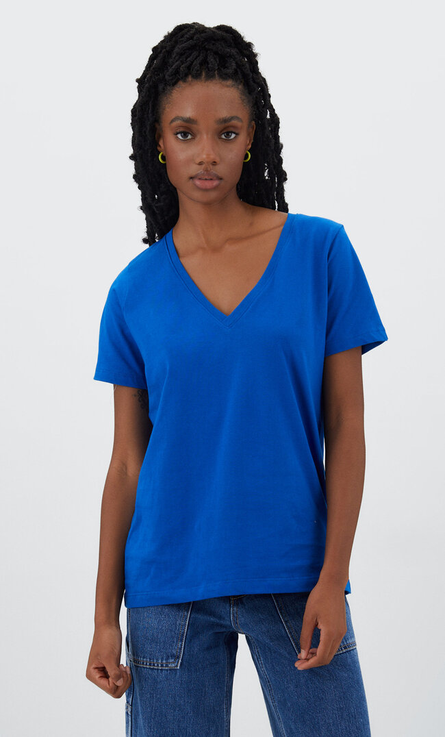 

Stradivarius Koszulka Basic Z Dekoltem W Serek Błękit Elektryczny Xs