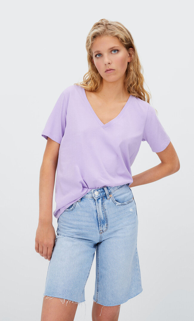 

Stradivarius T-Shirt Basic Col En V Mauve Xl
