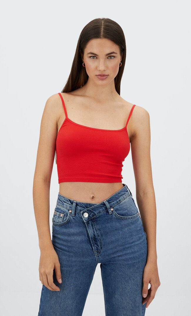 

Stradivarius Nahtloses Cropped-Top Mit Trägern Rot M