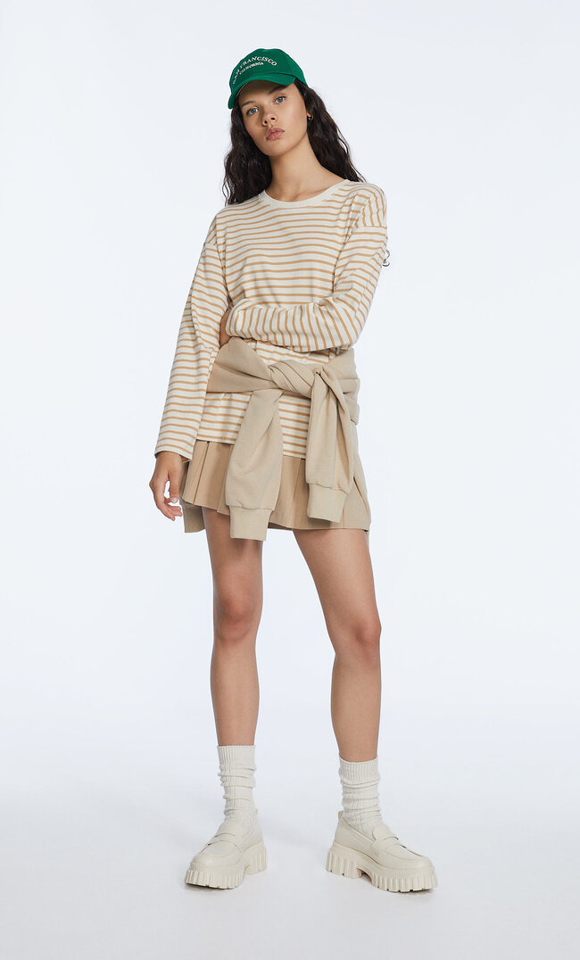 Stradivarius Top Rayé Beige S