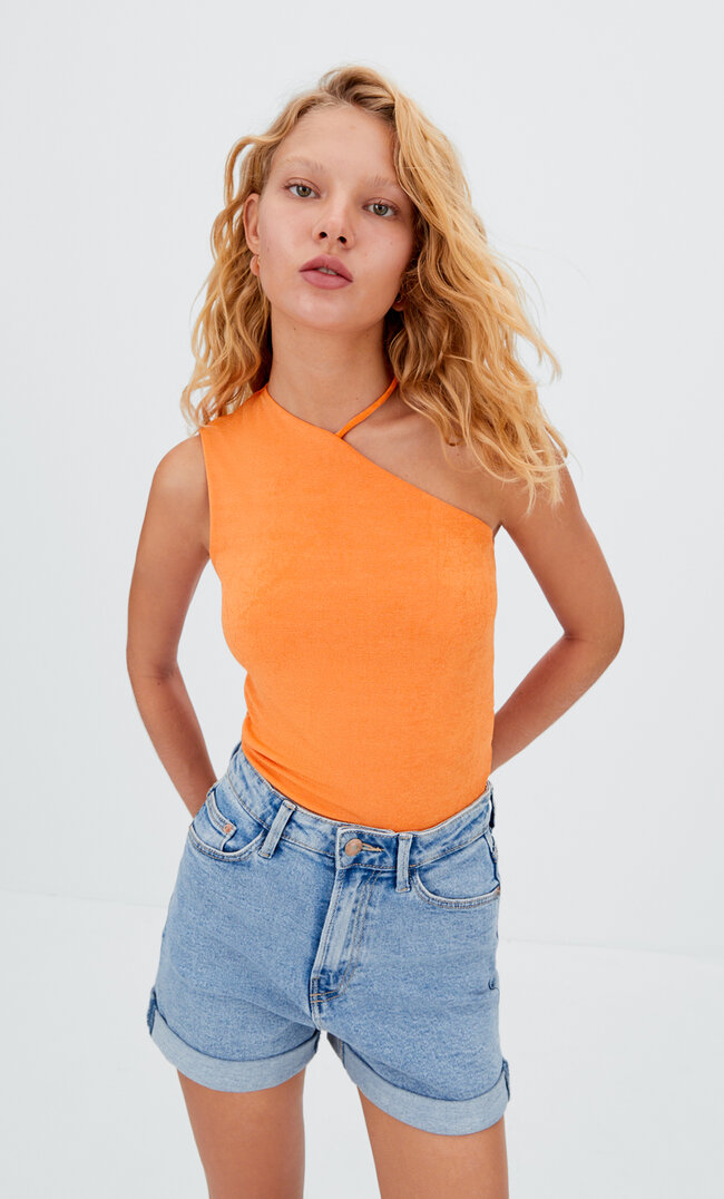 

Stradivarius Asymetryczny Top Brzoskwiniowy S