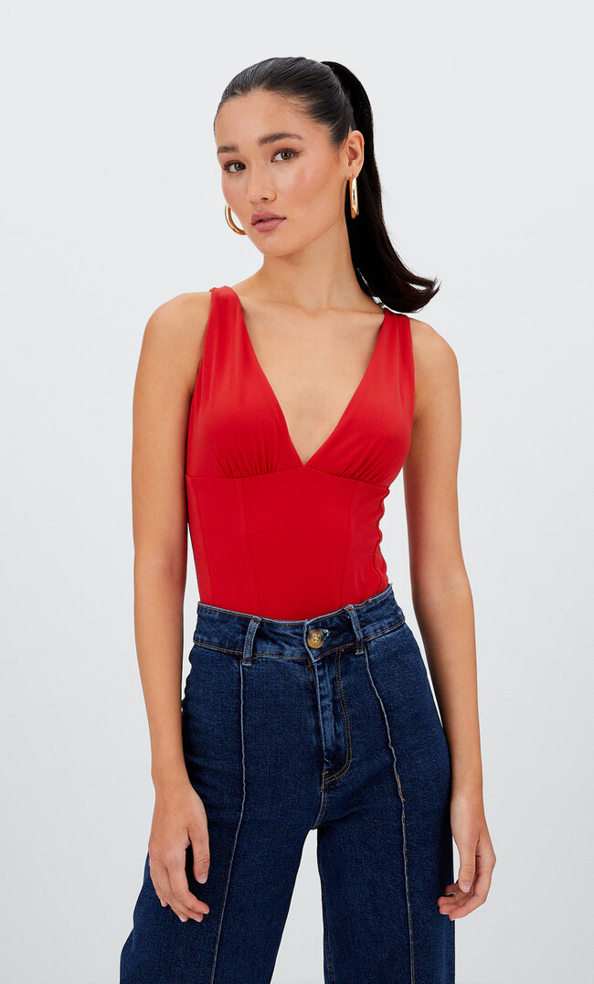 

Stradivarius Body Z Dekoltem W Serek Czerwony S