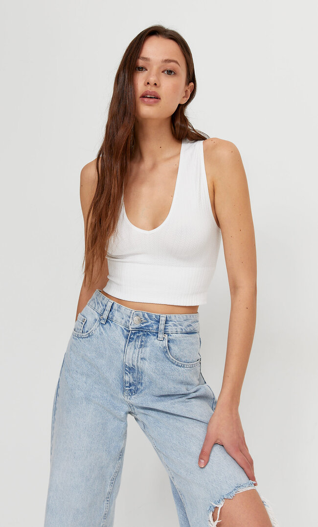 

Stradivarius Bezszwowy Top W Jodełkę Biały S