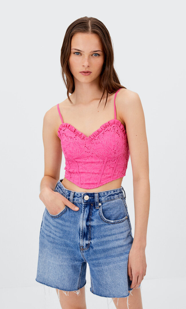 

Stradivarius Gorsetowy Top Ze Szwajcarskim Haftem Neonowy Róż Xs