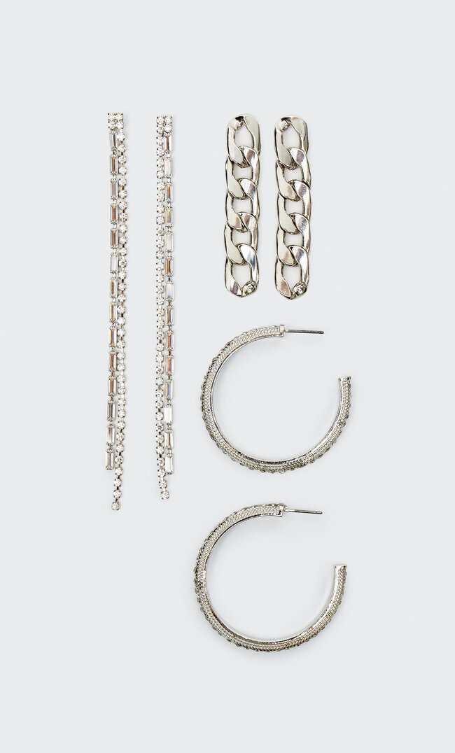 

Stradivarius 3er-Set Ohrringe Mit Ketten Und Strass Grau M