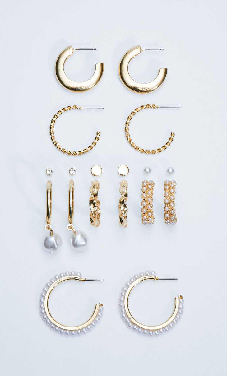 Set of 9 pairs of pearl bead earrings and hoops