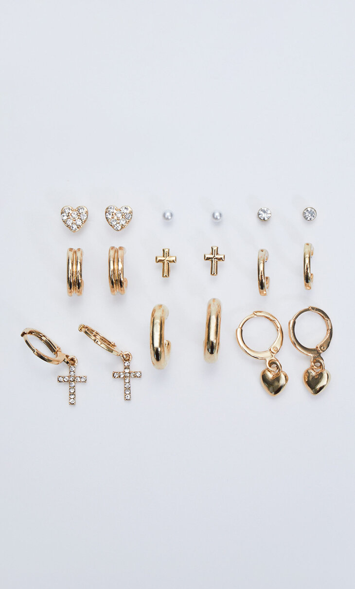 Set of 9 heart and cross earrings