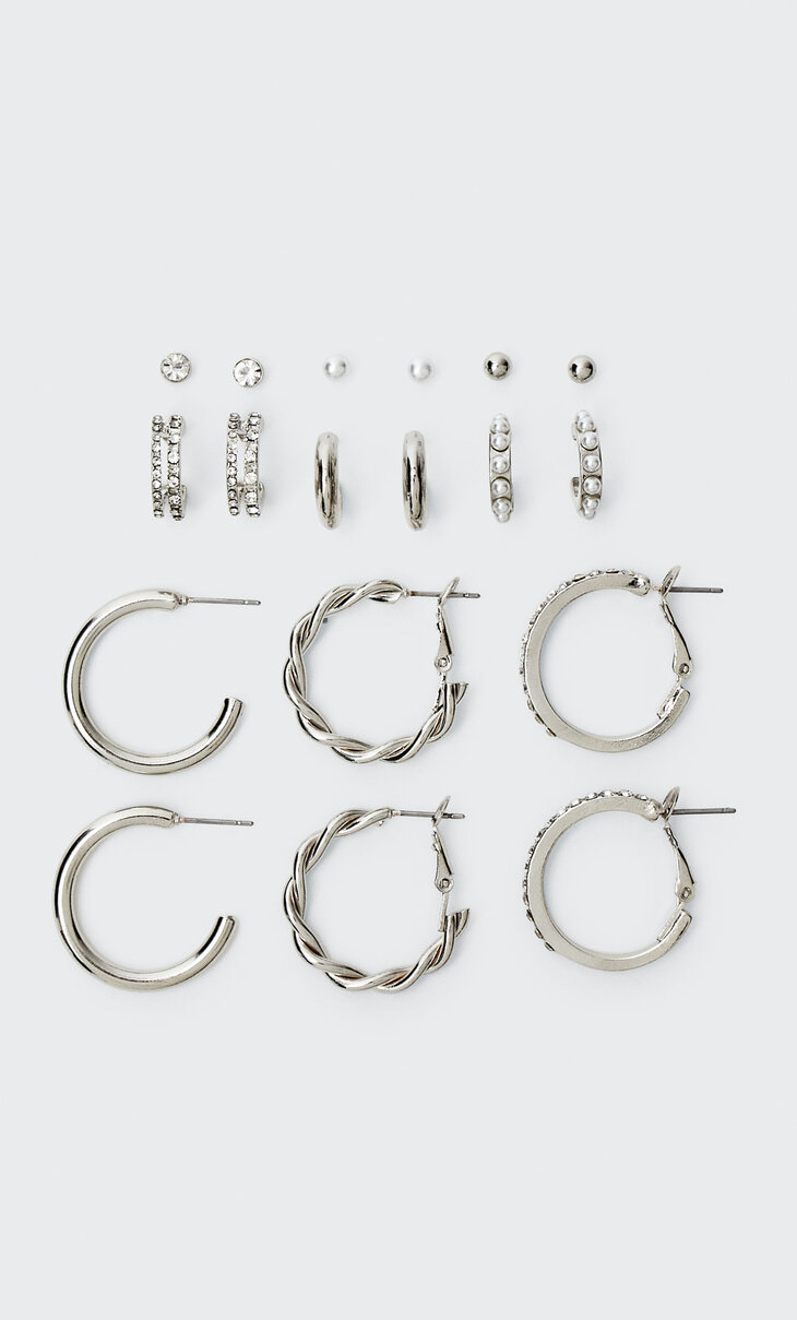 Set of 9 rhinestone and pearl bead hoop earrings