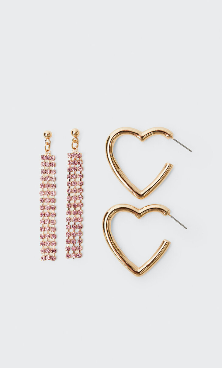 Set of 2 rhinestone and heart dangle earrings
