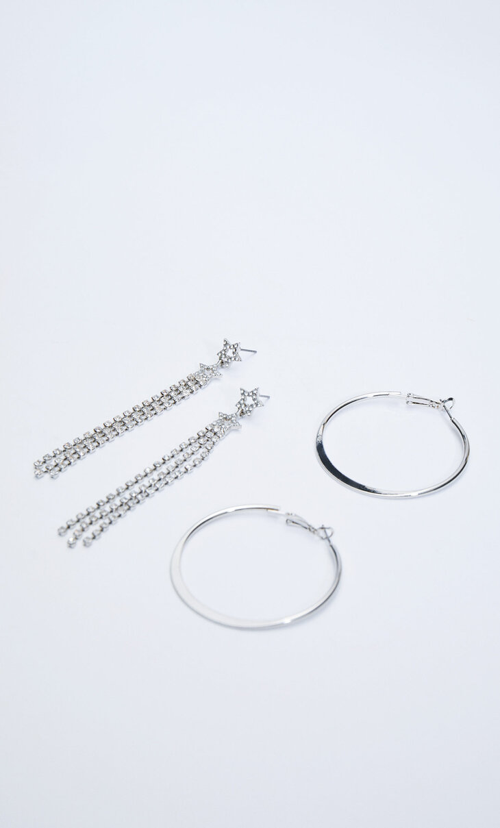 Set of 2 pairs of hoop and star rhinestone earrings