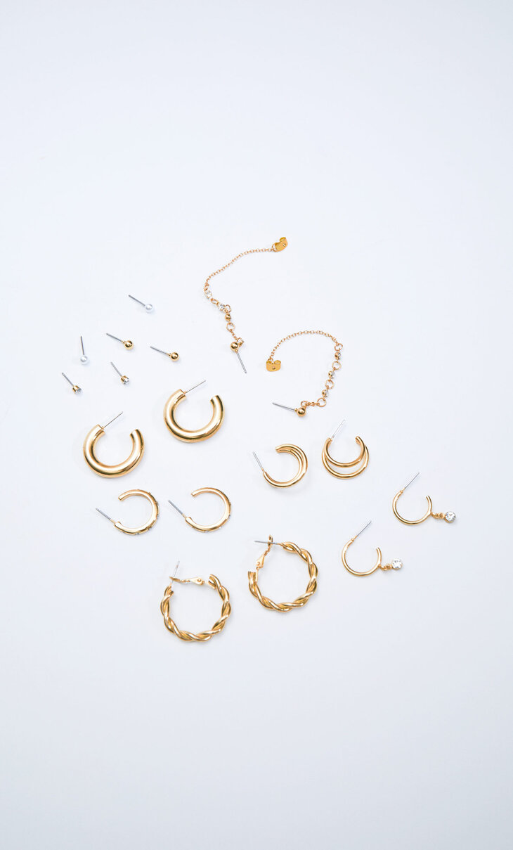 Set of 9 diamanté and midi hoop earrings