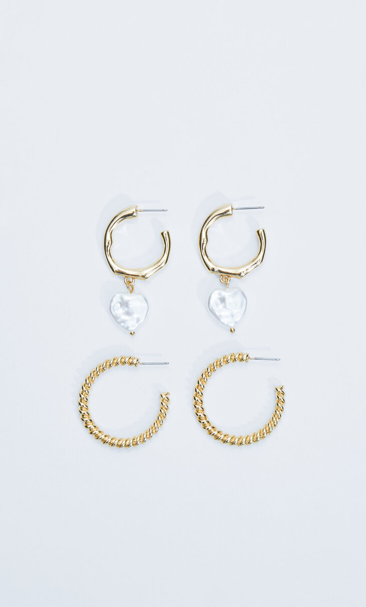 Set of 2 pairs of hoop and pearl bead charm earrings
