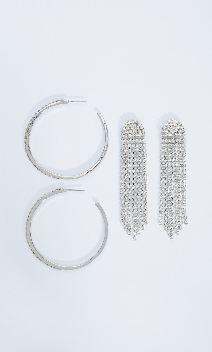 Set of 2 pairs of rhinestone hoop and dangle earrings