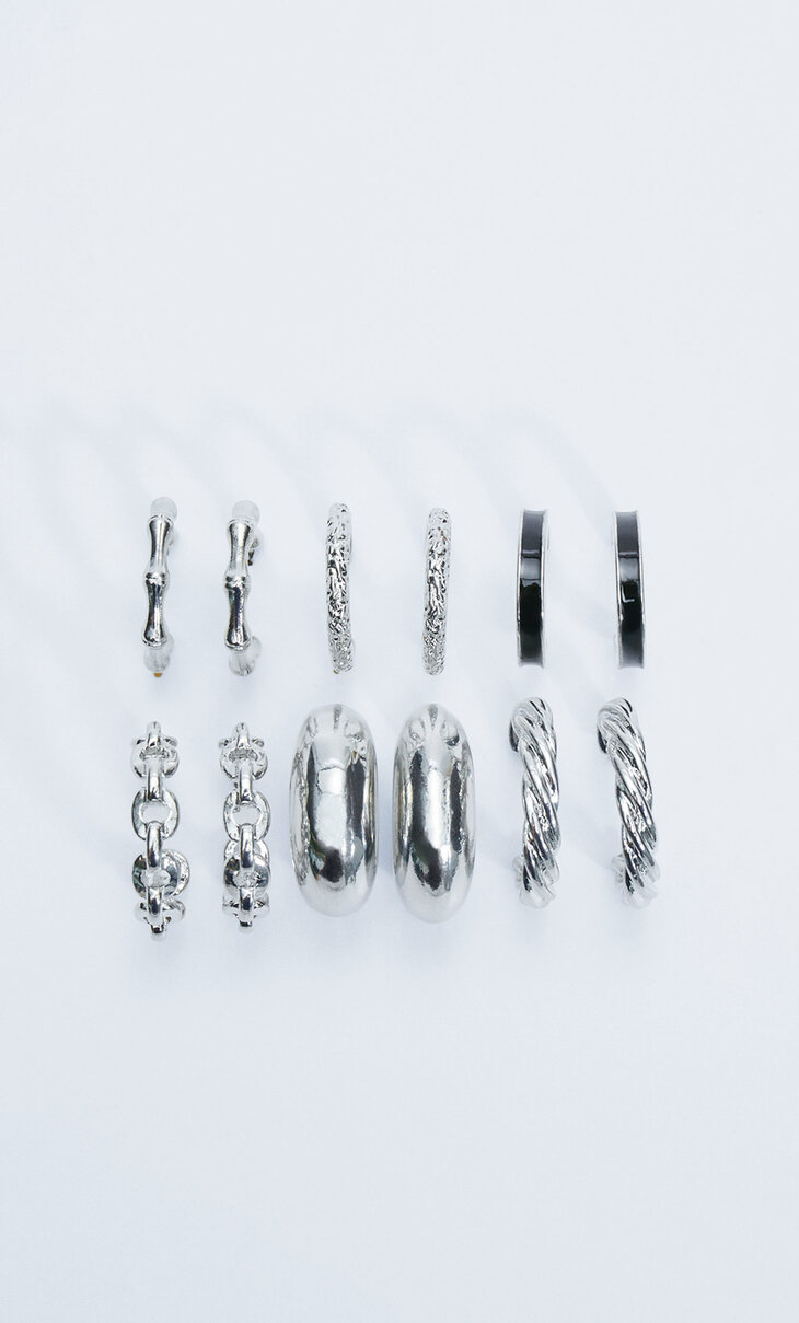 Set of 6 pairs of textured hoop earrings