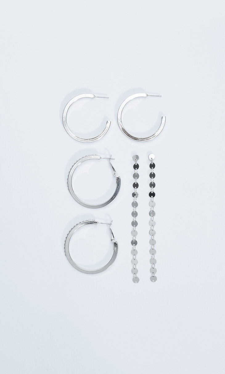 Set of 3 pairs of hoop and chain earrings