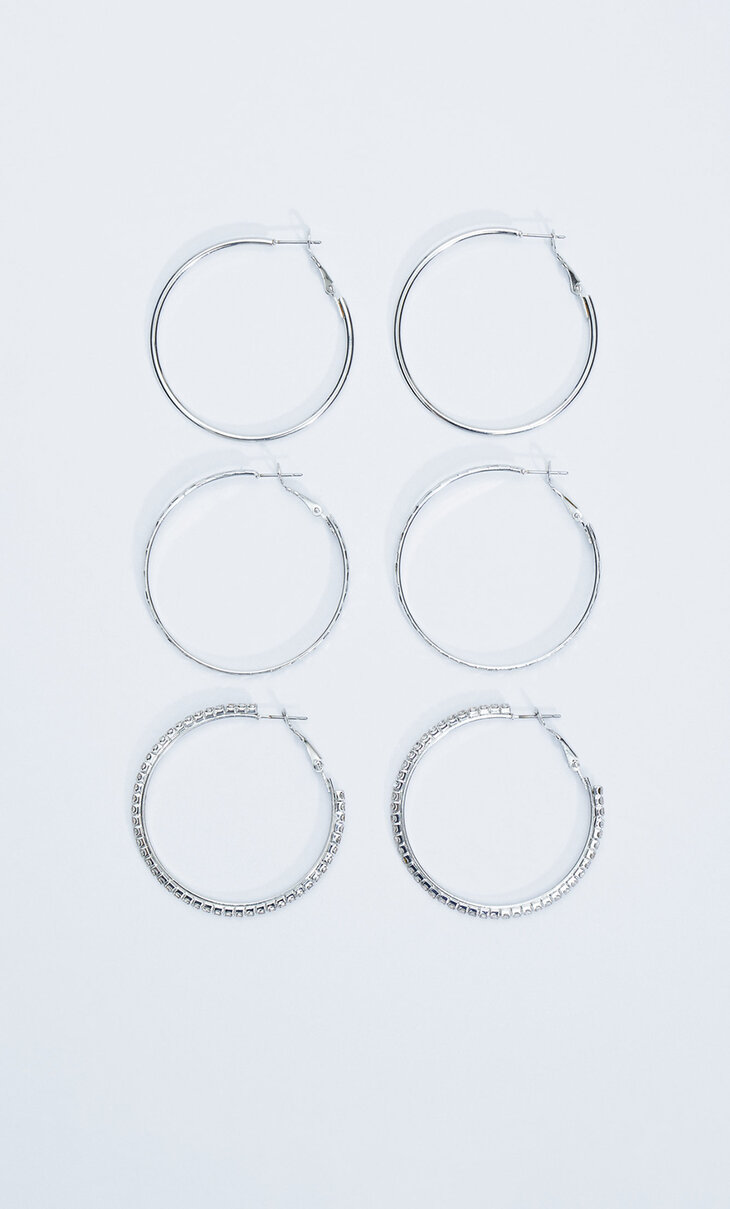 Set of 3 pairs of rhinestone and textured hoop earrings