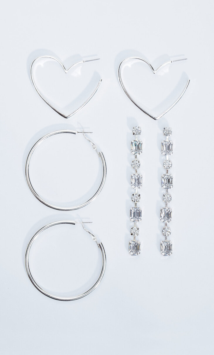 Set of 3 pairs of heart and rhinestone earrings