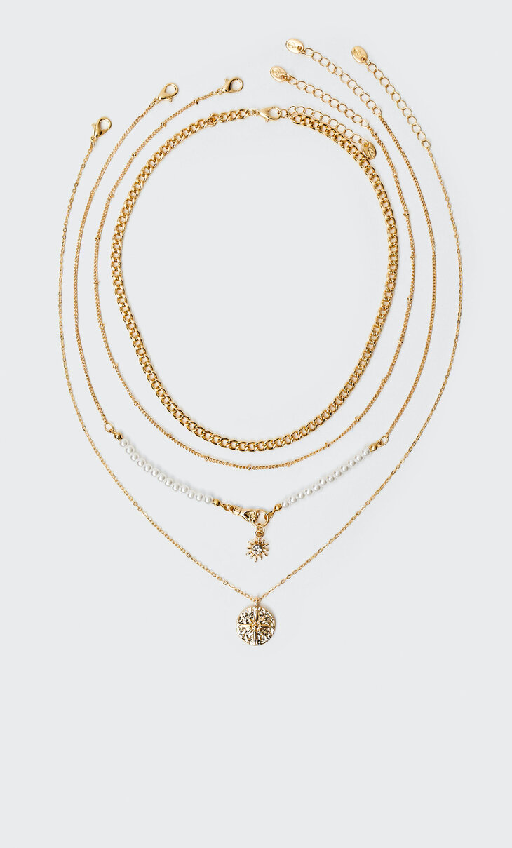 4er-Set Halsketten mit Medaillon und Kunstperlen