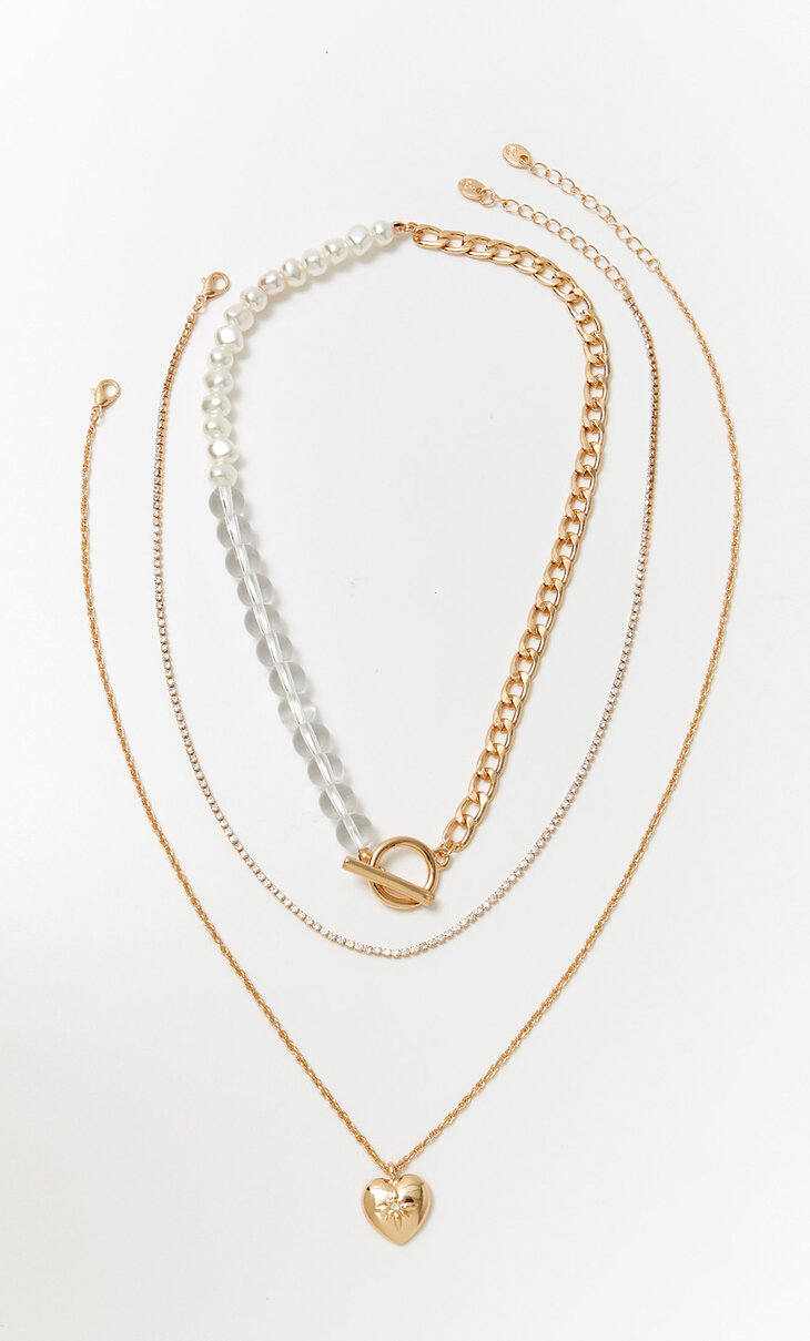 Set s 3 ogrlice s perlicama, kamenčićima i privjeskom u obliku srca