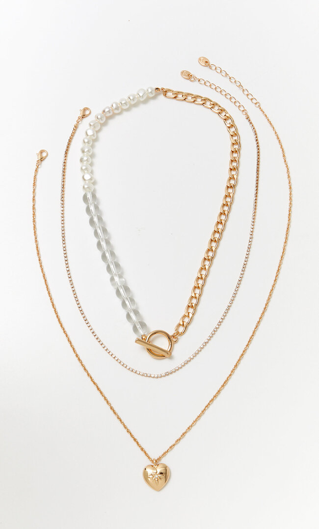 

Stradivarius 3er-Set Halsketten Mit Kugeln, Strass Und Herz Gelb M