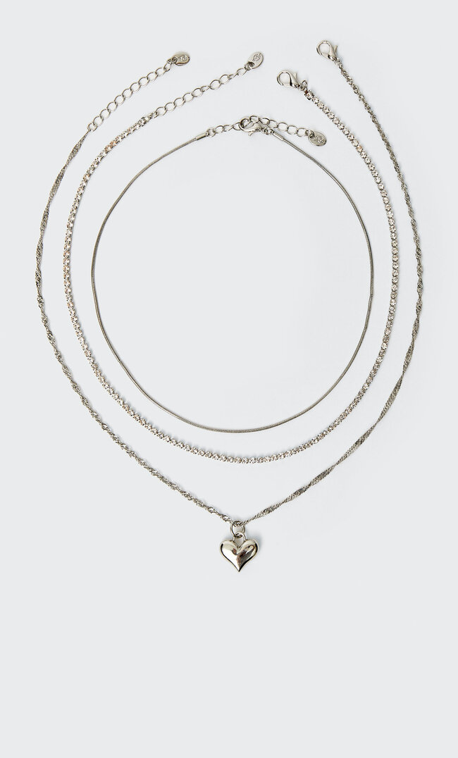 

Stradivarius 3er-Set Halsketten Mit Glitzer Und Herz Grau M