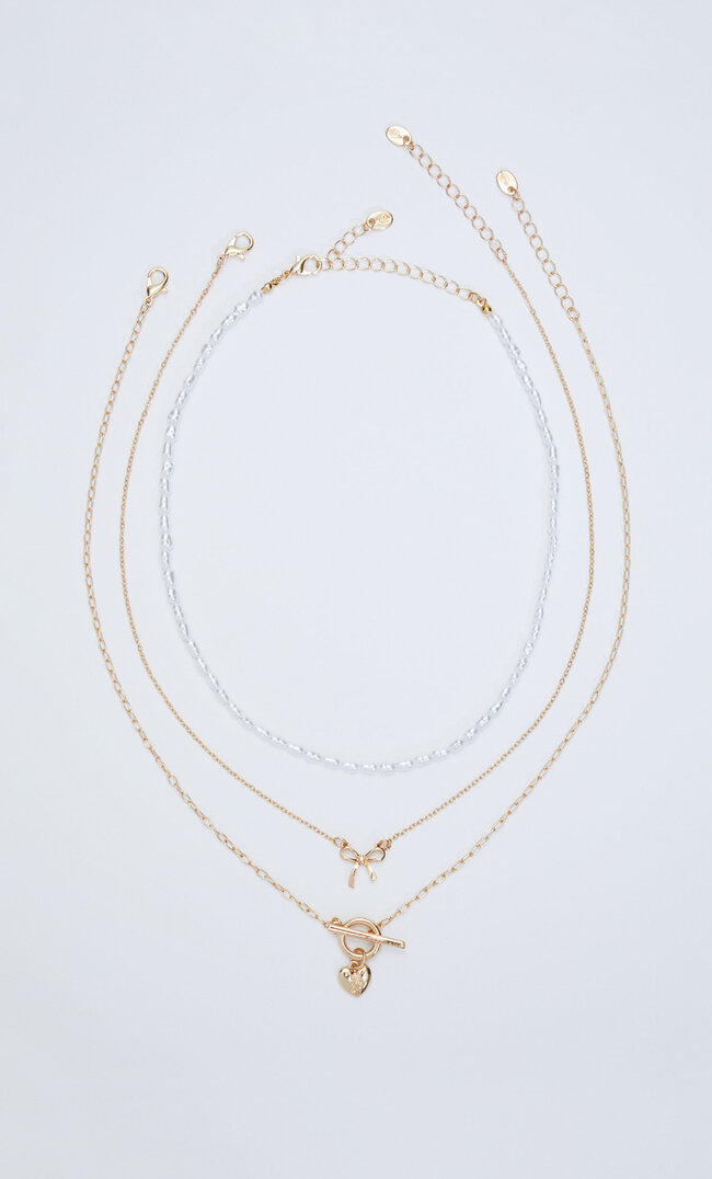

Stradivarius Lot De 3 Colliers Nœud, Perles Et Cœur Jaune M
