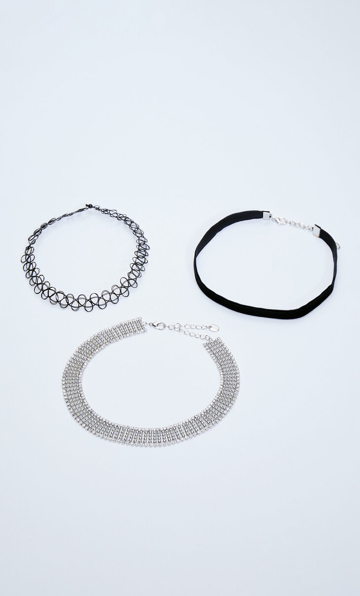 Set of 3 choker necklaces (crystal, tattoo, and black)