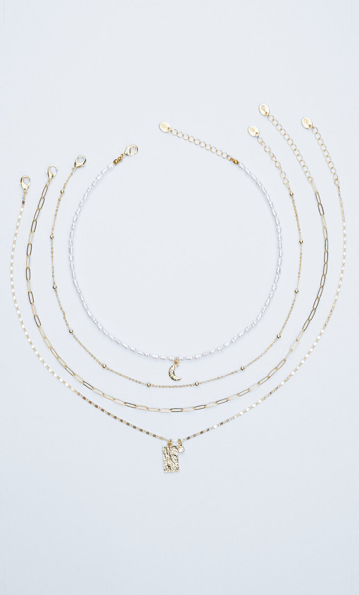 4er-Set Halsketten mit Perlen, Mond und Medaille