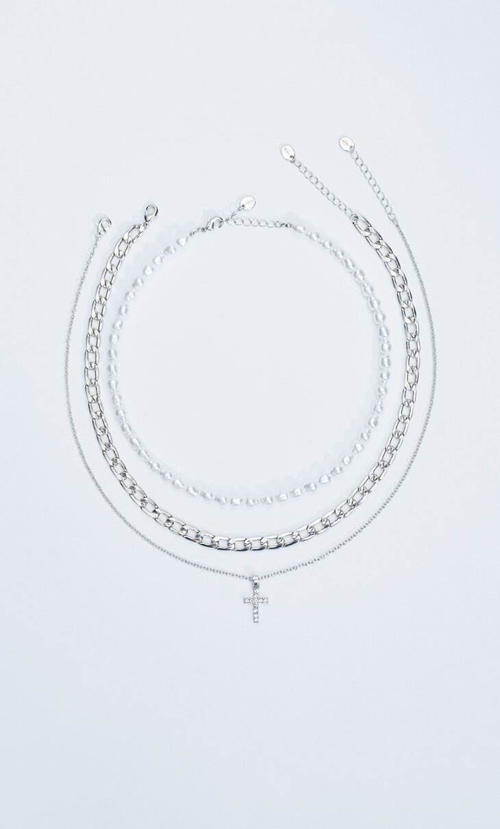 3er-Set Halsketten mit Kreuz und Perle