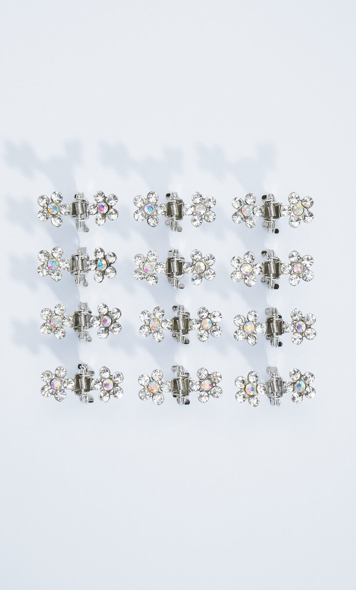 Set mini lasnih sponk s cvetličnim motivom in kristalčki