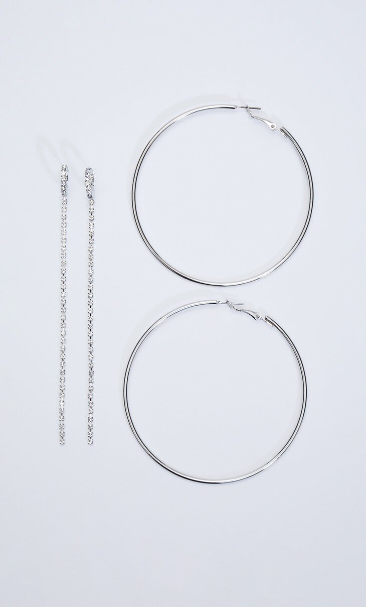 Set of 2 pairs of hoop and crystal earrings