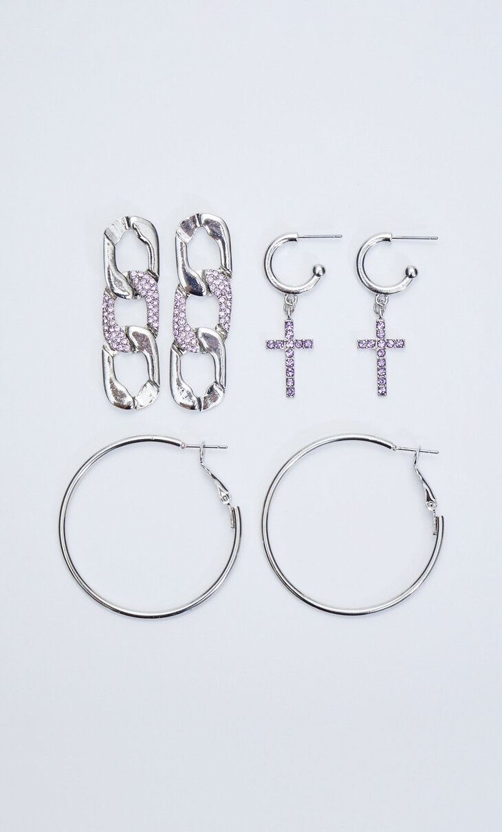 Set of 3 pairs of coloured diamanté earrings