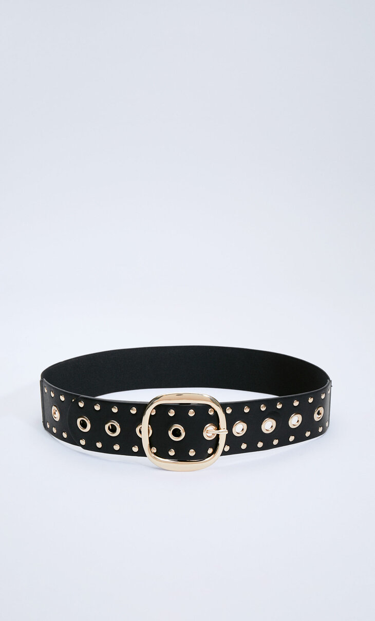 Stretch belt with studs and eyelets