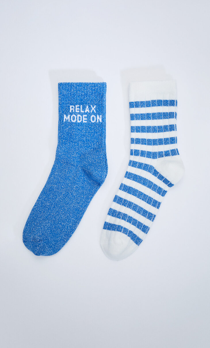Doppelpack Socken mit Glitzer, Slogan und Streifen