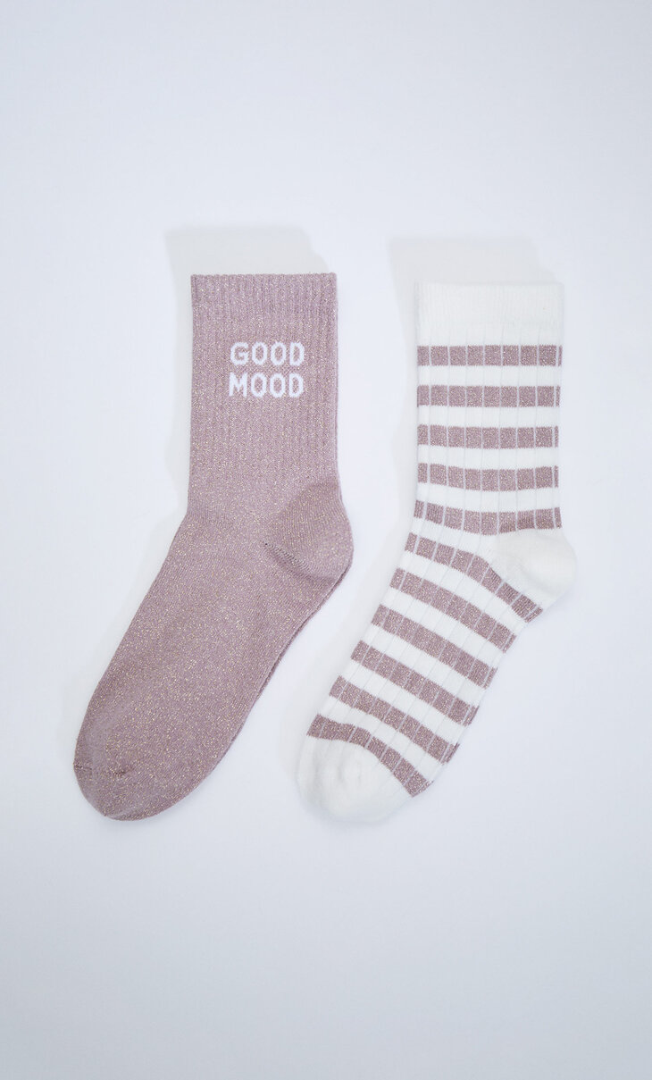 Doppelpack Socken mit Glitzer, Slogan und Streifen