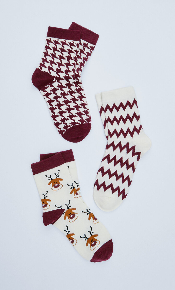 Komplet 3 parov božičnih nogavic z jelenčki in cikcak vzorcem