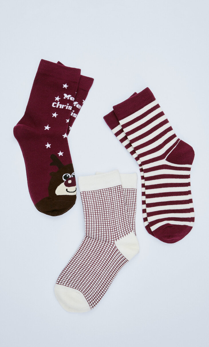 Komplet 3 parov božičnih nogavic z jelenčki in karirastim vzorcem